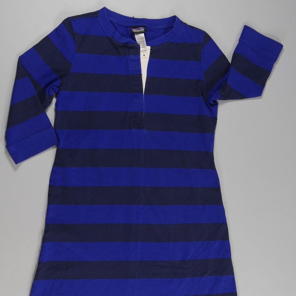 Patagonia Organic Cotton Blue Black Striped Henley Shirt Dress 3/4 Sleeve W Lrg